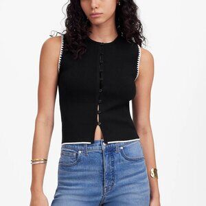 NWT Madewell Black Sleeveless Button-Front Knit Top with White Trim
